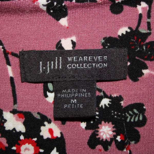 J Jill Wearever Collection Sz M Petite Pink Black Multi Color Floral Rayon Dress