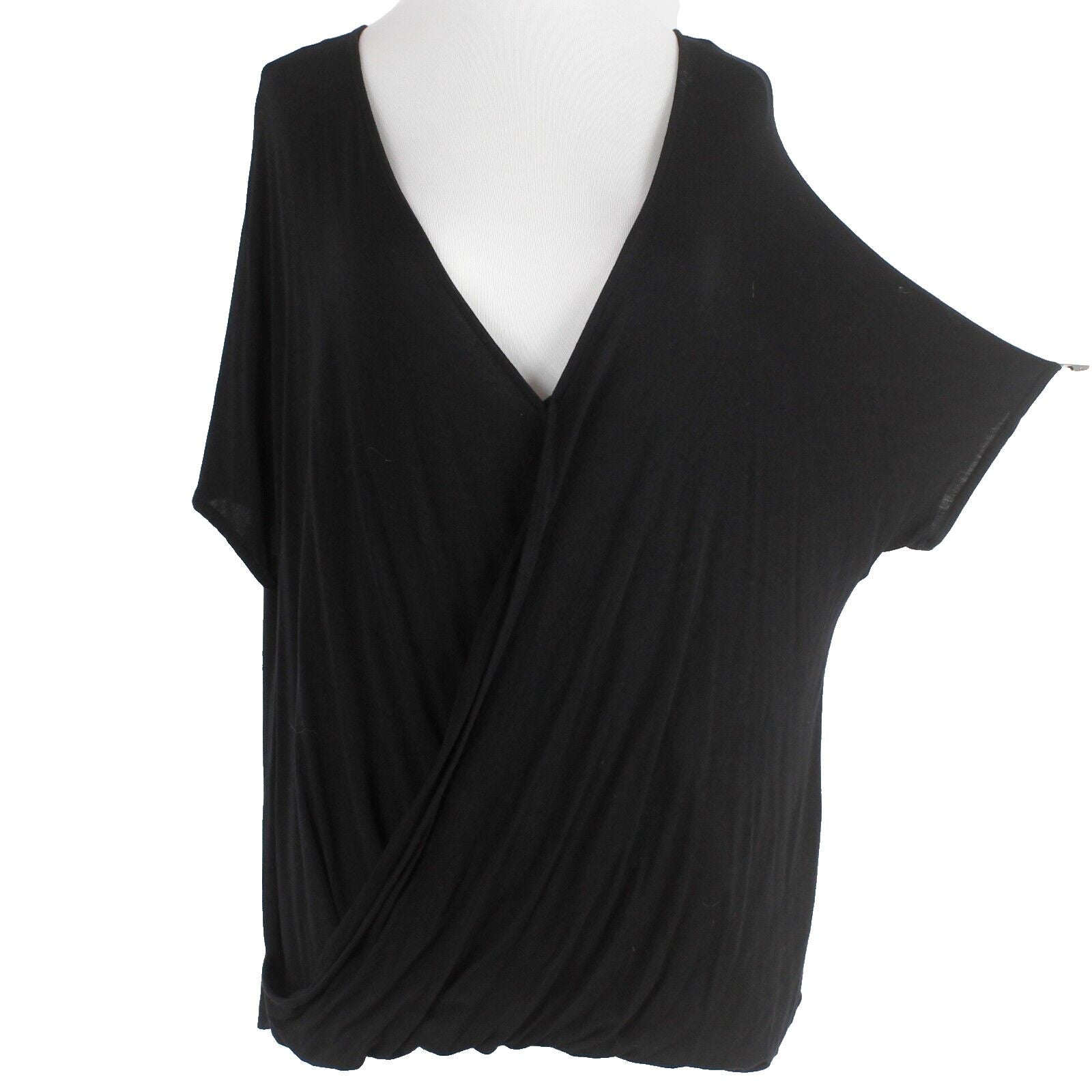 Matty M Sz S Black Drape Front Deep V Short Dolman Sleeve Rayon Blend Knit Top