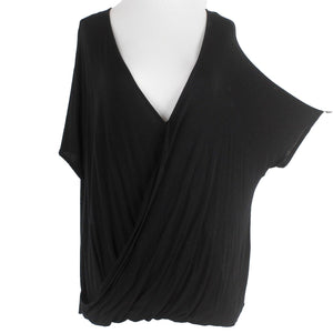 Matty M Sz S Black Drape Front Deep V Short Dolman Sleeve Rayon Blend Knit Top