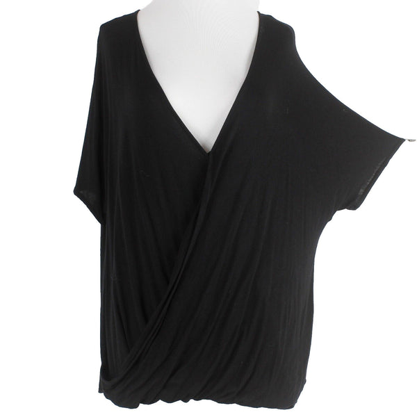Matty M Sz S Black Drape Front Deep V Short Dolman Sleeve Rayon Blend Knit Top