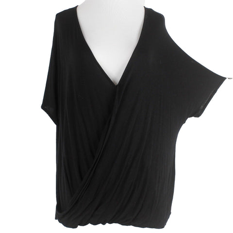 Matty M Sz S Black Drape Front Deep V Short Dolman Sleeve Rayon Blend Knit Top