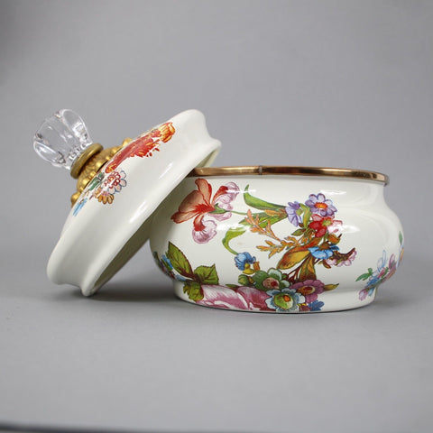 MacKenzie Childs White Multi Color Flower Market Squashed Pot