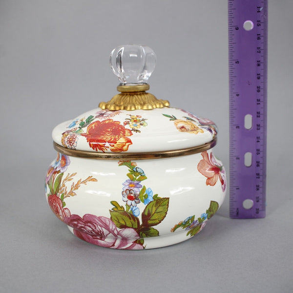 MacKenzie Childs White Multi Color Flower Market Squashed Pot