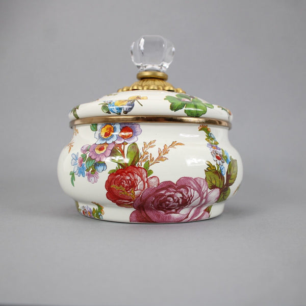 MacKenzie Childs White Multi Color Flower Market Squashed Pot