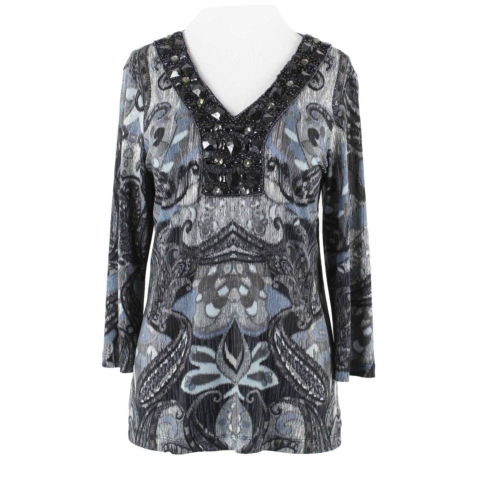 Chicos Sz 1 Gray Multi Beaded V Neck Pullover Polyester Blend Top