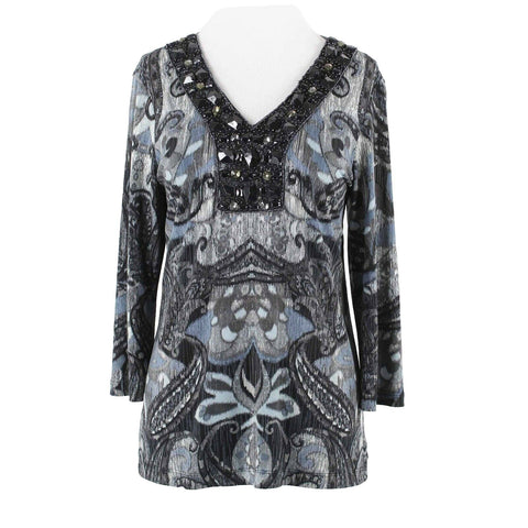 Chicos Sz 1 Gray Multi Beaded V Neck Pullover Polyester Blend Top