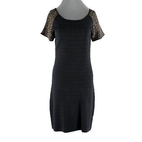 Adrienne Vittadini Sz L Black Flat Knit Brass Bead Shoulder Rayon Blend Dress