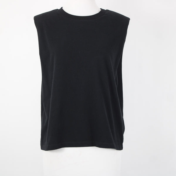 All Saints Sz S Black Sleeveless Padded Shoulder 100% Cotton Silhouette Top