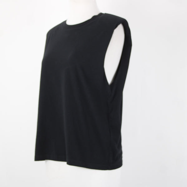 All Saints Sz S Black Sleeveless Padded Shoulder 100% Cotton Silhouette Top