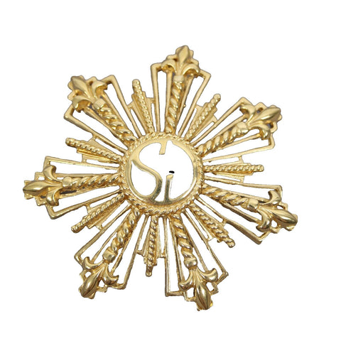 St John Black Enamel Goldtone Filigree Starburst Logo 2.5" Pin