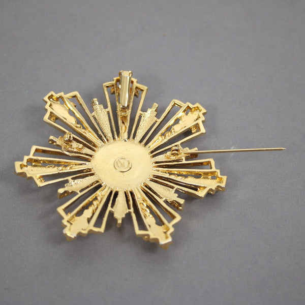 St John Black Enamel Goldtone Filigree Starburst Logo 2.5" Pin