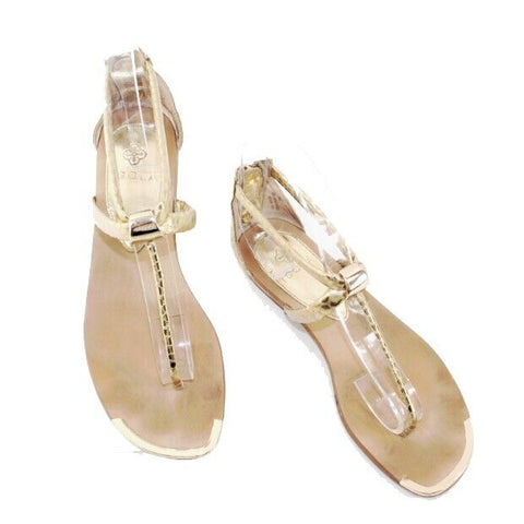 Isola Sz 5.5 Gold Reptile Pattern Faux Leather T Strap Metal Detail Sandals