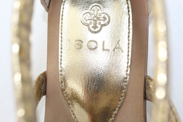Isola Sz 5.5 Gold Reptile Pattern Faux Leather T Strap Metal Detail Sandals