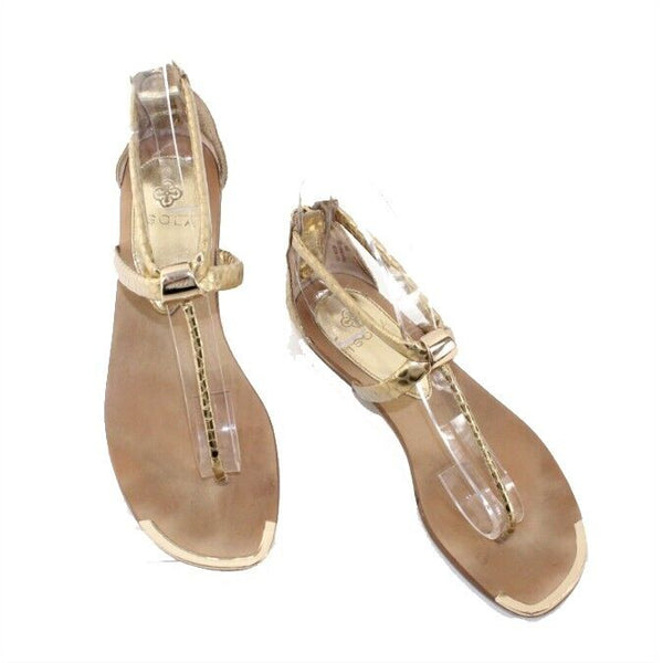 Isola Sz 5.5 Gold Reptile Pattern Faux Leather T Strap Metal Detail Sandals