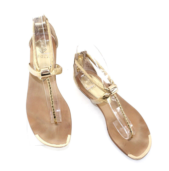 Isola Sz 5.5 Gold Reptile Pattern Faux Leather T Strap Metal Detail Sandals