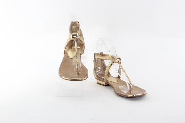Isola Sz 5.5 Gold Reptile Pattern Faux Leather T Strap Metal Detail Sandals