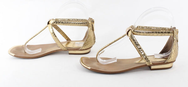 Isola Sz 5.5 Gold Reptile Pattern Faux Leather T Strap Metal Detail Sandals