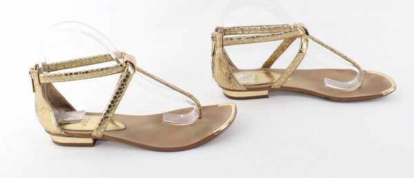 Isola Sz 5.5 Gold Reptile Pattern Faux Leather T Strap Metal Detail Sandals