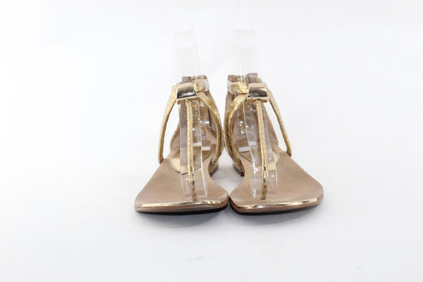 Isola Sz 5.5 Gold Reptile Pattern Faux Leather T Strap Metal Detail Sandals