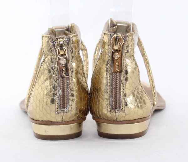 Isola Sz 5.5 Gold Reptile Pattern Faux Leather T Strap Metal Detail Sandals