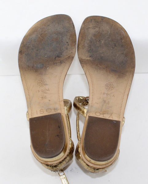 Isola Sz 5.5 Gold Reptile Pattern Faux Leather T Strap Metal Detail Sandals