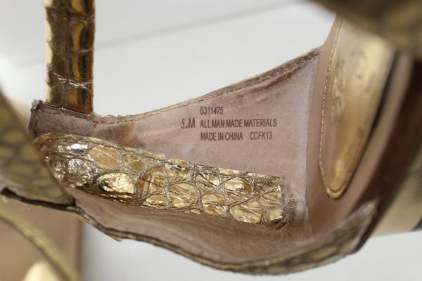 Isola Sz 5.5 Gold Reptile Pattern Faux Leather T Strap Metal Detail Sandals