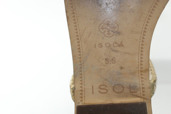 Isola Sz 5.5 Gold Reptile Pattern Faux Leather T Strap Metal Detail Sandals