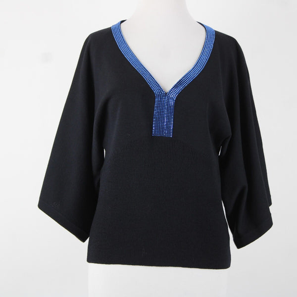 St John Evening Sz P Black Blue Rhinestones V Neck 3/4 Sleeve Santana Knit Top