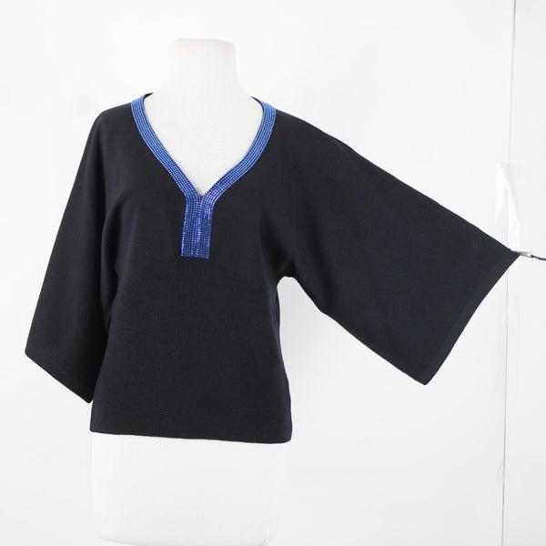 St John Evening Sz P Black Blue Rhinestones V Neck 3/4 Sleeve Santana Knit Top