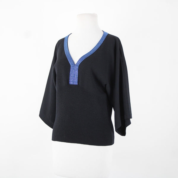 St John Evening Sz P Black Blue Rhinestones V Neck 3/4 Sleeve Santana Knit Top