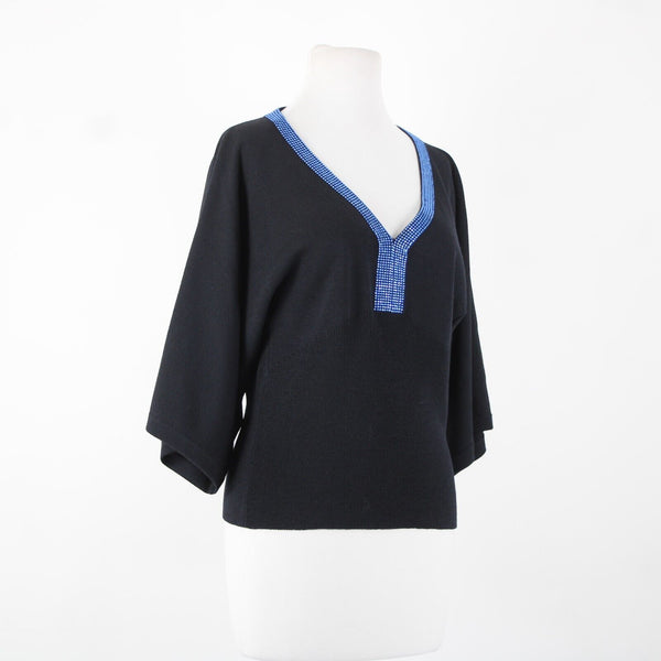 St John Evening Sz P Black Blue Rhinestones V Neck 3/4 Sleeve Santana Knit Top