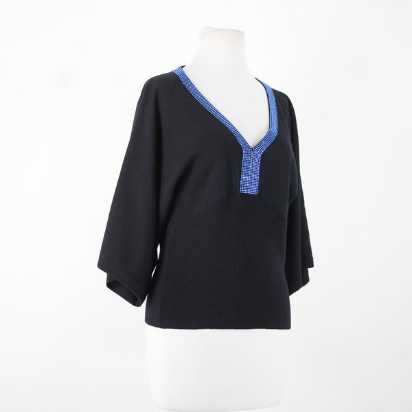 St John Evening Sz P Black Blue Rhinestones V Neck 3/4 Sleeve Santana Knit Top