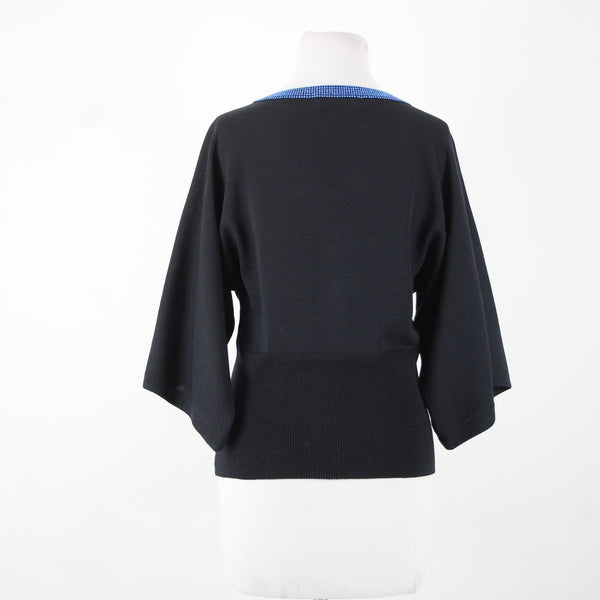 St John Evening Sz P Black Blue Rhinestones V Neck 3/4 Sleeve Santana Knit Top