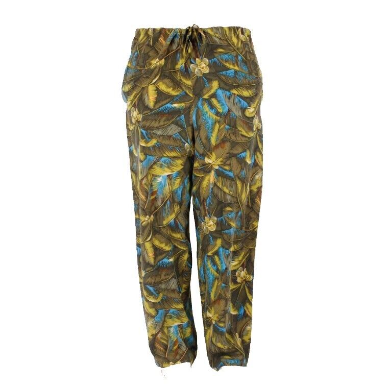 Company NEW $112 Sz L x 30 Olive Aqua Tropical Elastic Pockets Silk Pant