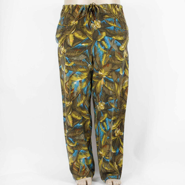 Company NEW $112 Sz L x 30 Olive Aqua Tropical Elastic Pockets Silk Pant