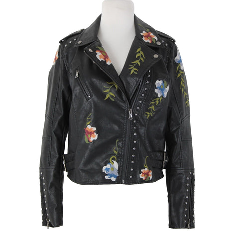 Black Multi Floral Embroidered Studded Leather Polyurethane Lined Moto Jacket
