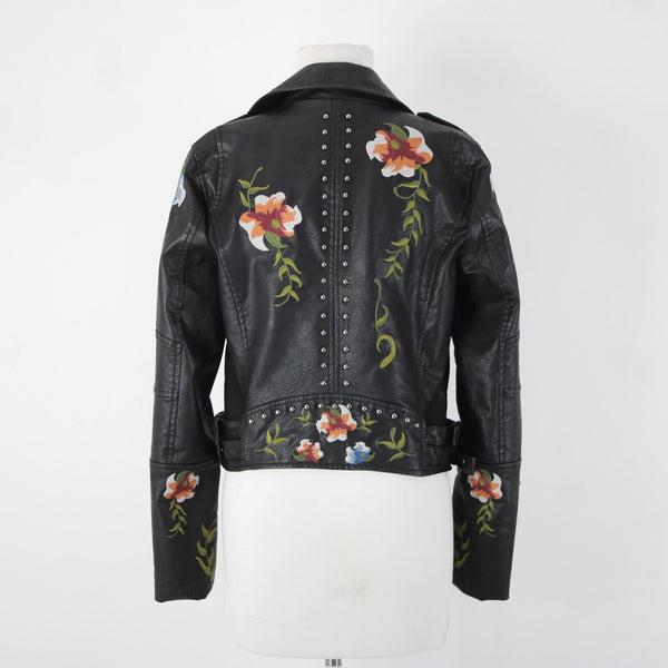 Black Multi Floral Embroidered Studded Leather Polyurethane Lined Moto Jacket