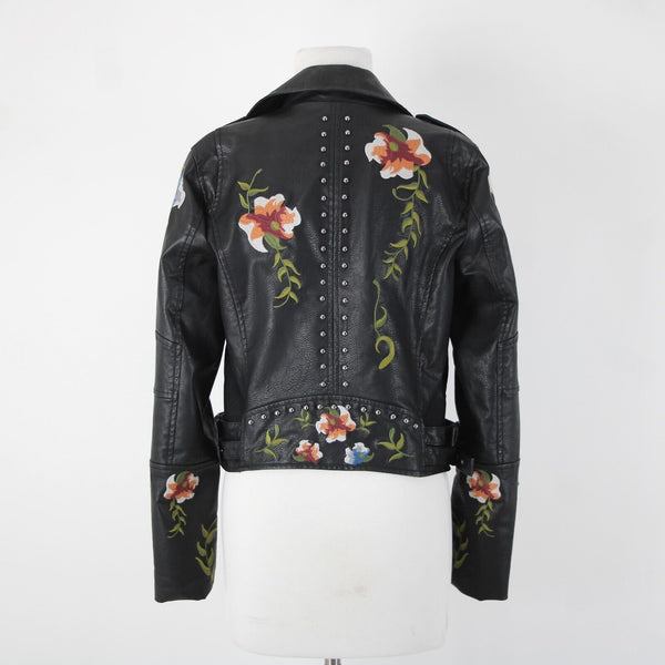 Black Multi Floral Embroidered Studded Leather Polyurethane Lined Moto Jacket