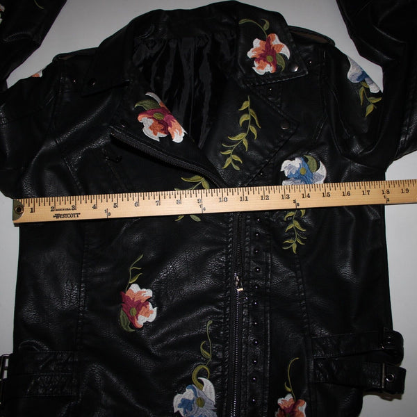 Black Multi Floral Embroidered Studded Leather Polyurethane Lined Moto Jacket