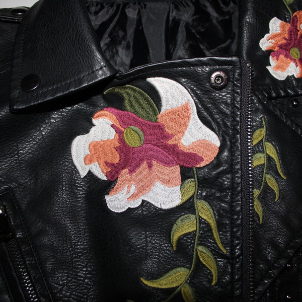 Black Multi Floral Embroidered Studded Leather Polyurethane Lined Moto Jacket