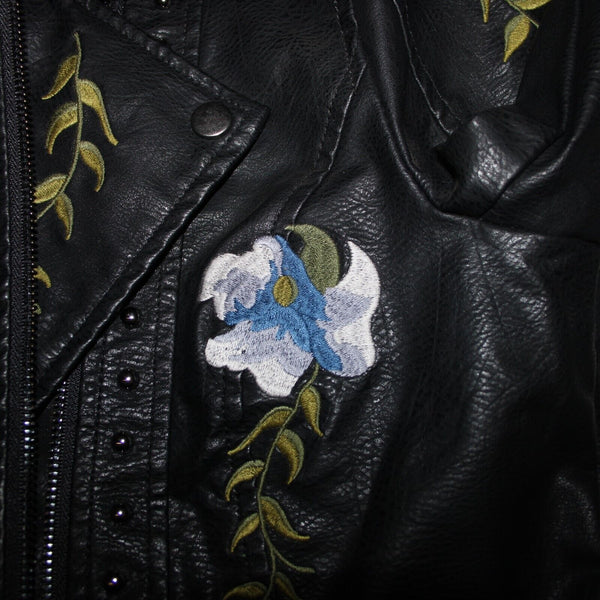 Black Multi Floral Embroidered Studded Leather Polyurethane Lined Moto Jacket