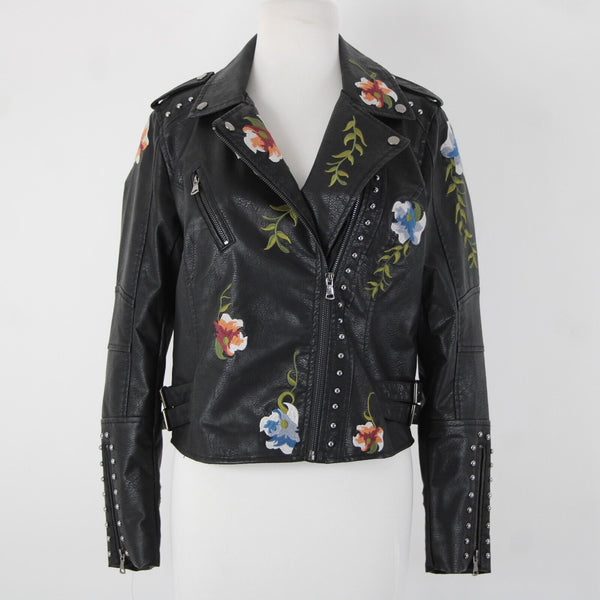 Black Multi Floral Embroidered Studded Leather Polyurethane Lined Moto Jacket