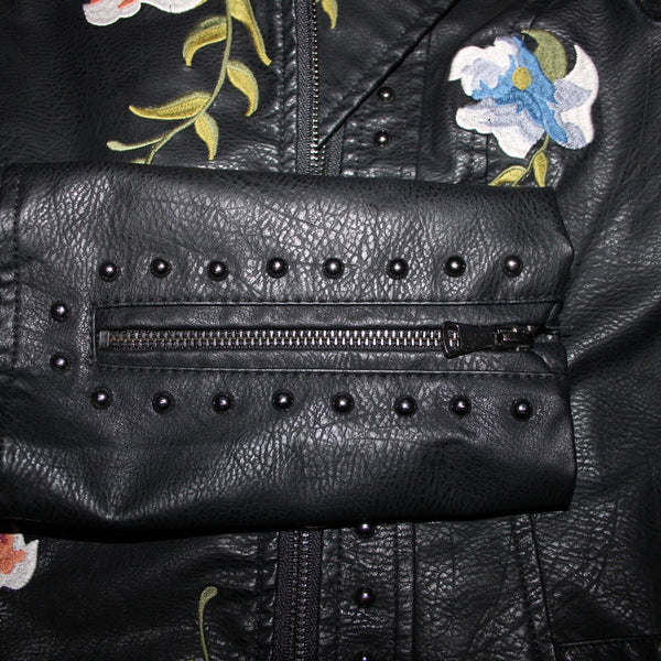 Black Multi Floral Embroidered Studded Leather Polyurethane Lined Moto Jacket