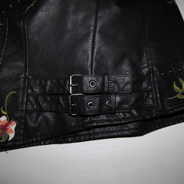 Black Multi Floral Embroidered Studded Leather Polyurethane Lined Moto Jacket