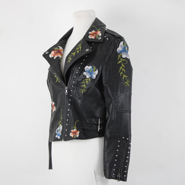 Black Multi Floral Embroidered Studded Leather Polyurethane Lined Moto Jacket