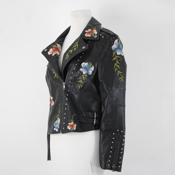 Black Multi Floral Embroidered Studded Leather Polyurethane Lined Moto Jacket