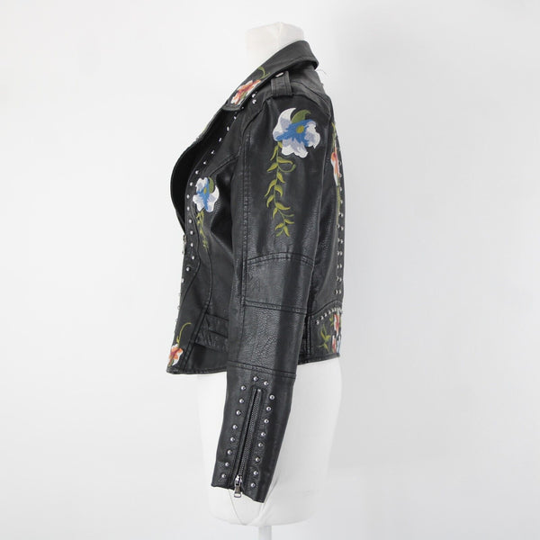 Black Multi Floral Embroidered Studded Leather Polyurethane Lined Moto Jacket