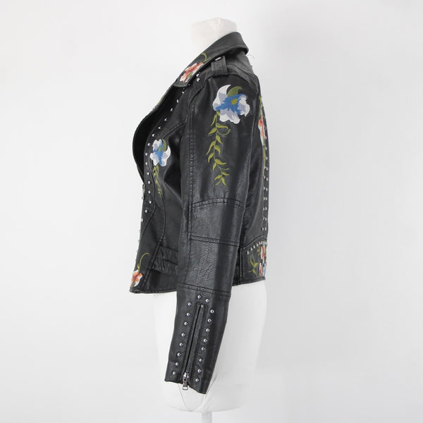 Black Multi Floral Embroidered Studded Leather Polyurethane Lined Moto Jacket