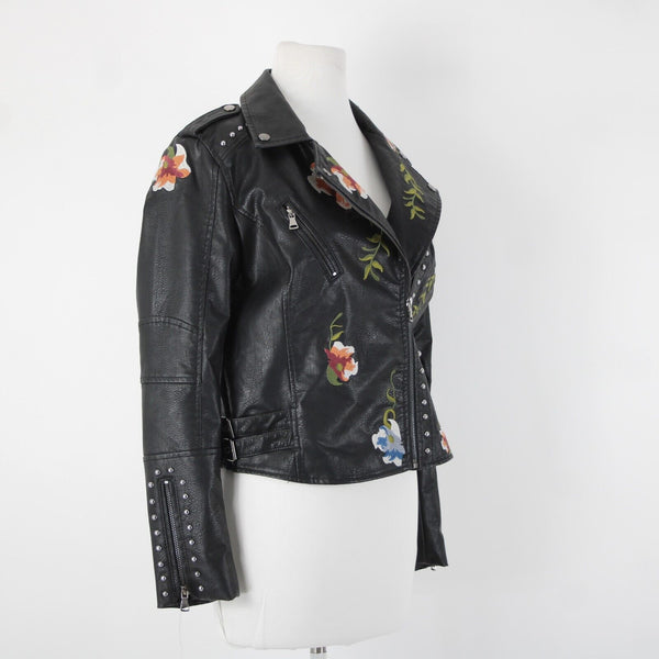 Black Multi Floral Embroidered Studded Leather Polyurethane Lined Moto Jacket