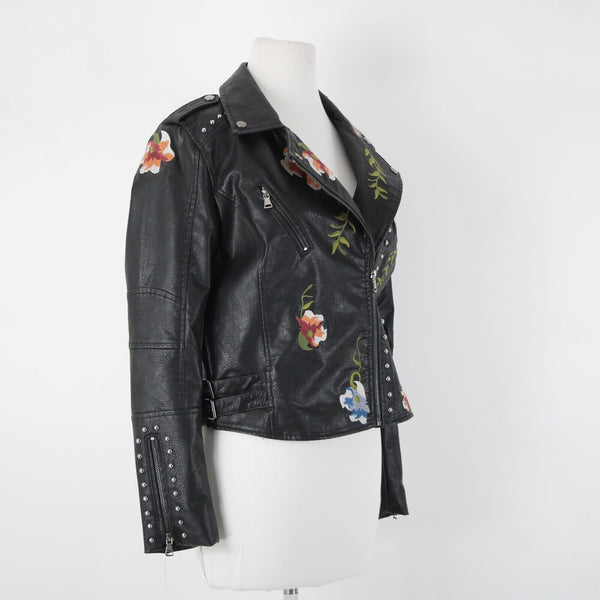 Black Multi Floral Embroidered Studded Leather Polyurethane Lined Moto Jacket